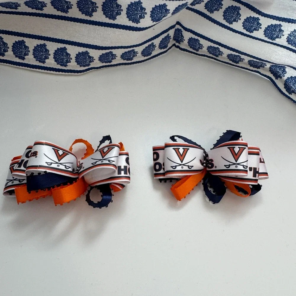 University of Virginia UVA Cavaliers Hair Bow Set Navy Orange Loopy Ribbon 2pc